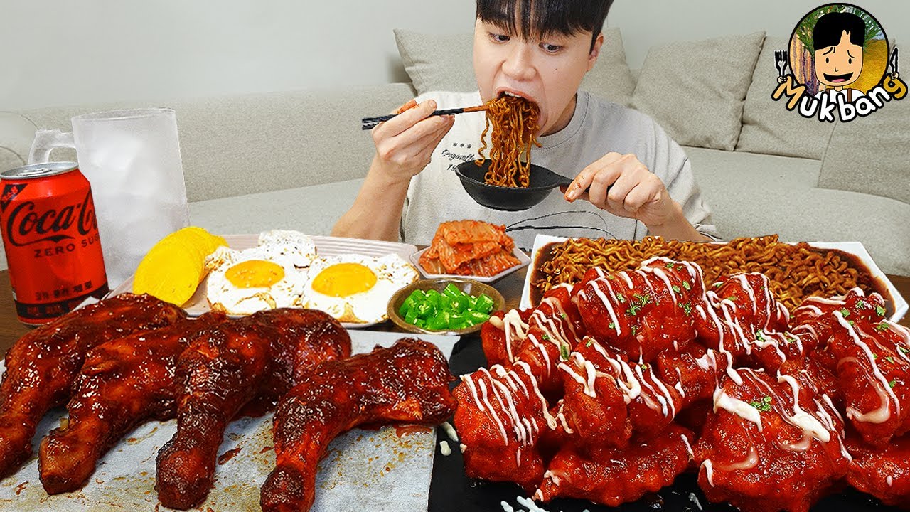 ASMR MUKBANG | Гигантские куриные голени-барбекю, лапша с черной фасолью мукбанг!
