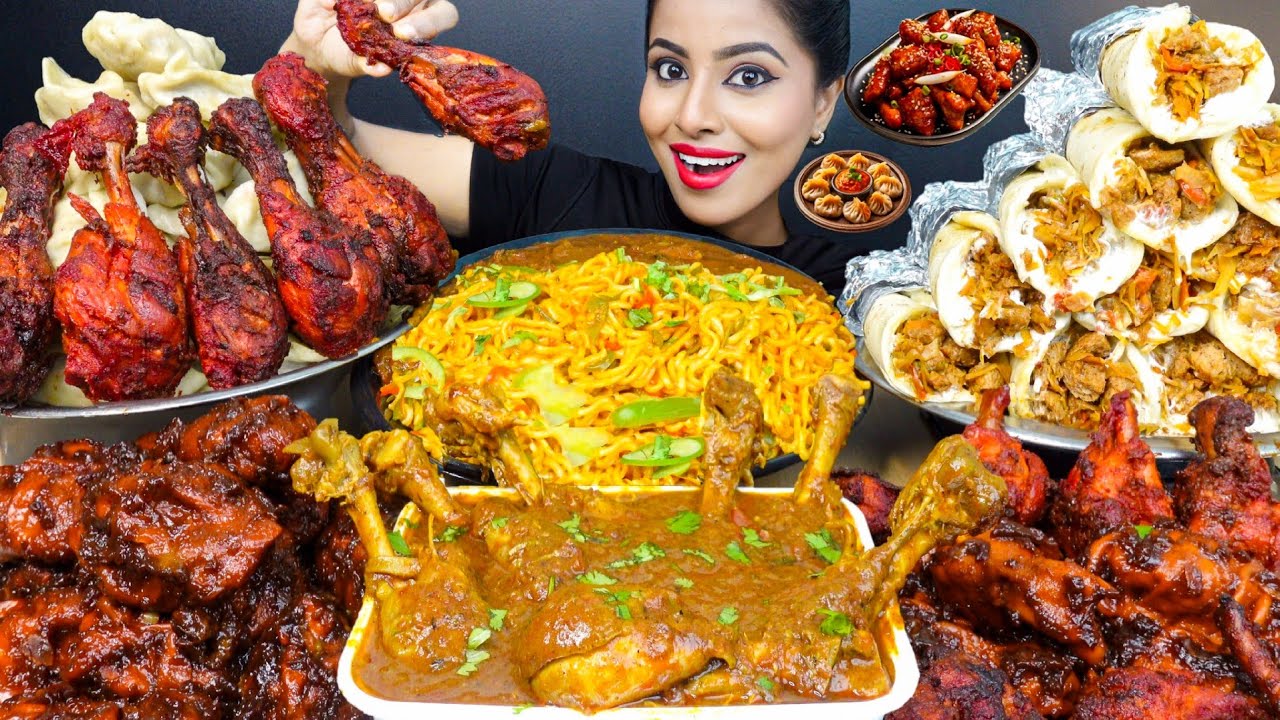 ASMR Eating Spicy Chicken Momos,Curry Noodles,Shawarma,Fried Chicken Leg Piece ASMR Eating Mukbang