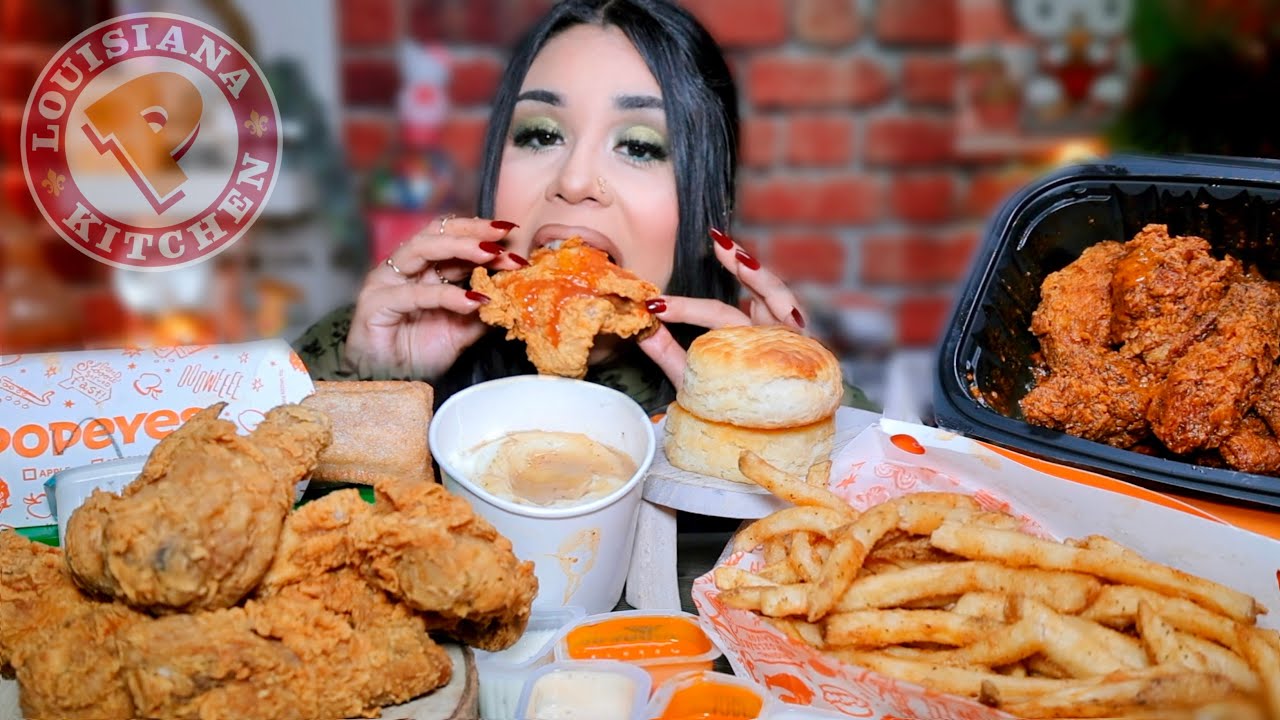 EATING POPEYES CRISPY FRIED CHICKEN MUKBANG!! LOUISIANA GARLIC WINGS, CAJUN FRIES  FAST FOOD