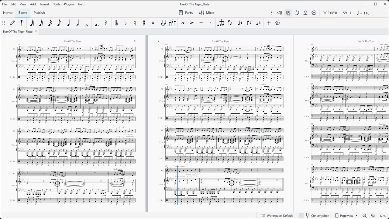 Eye of the Tiger (Frank Sulllivan, Jim Peterik).  Music arranged for flute, piano, & drums.