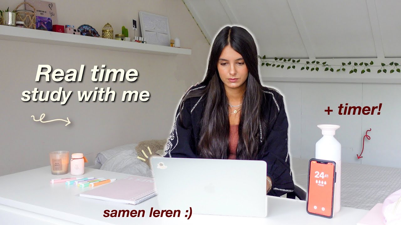 real time study with me // pomodoro + pauzes, timer & geen muziek