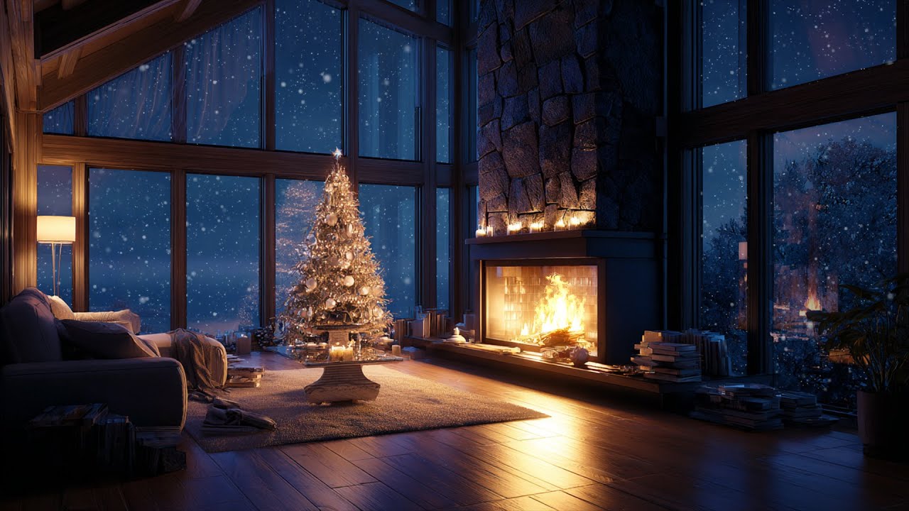 Cozy Snowy Night Soft Fireplace Crackles & Falling Snow for Deep Sleep and Relaxation