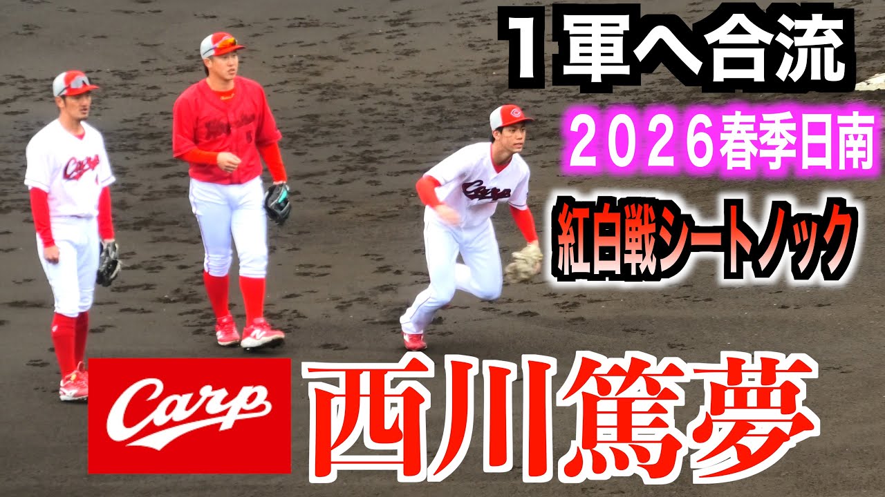 高卒ルーキー西川篤夢はショート名原典彦はセンター１軍合流組も参加のシートノック ！【２０２６広島東洋カープ春季日南キャンプ紅白戦】