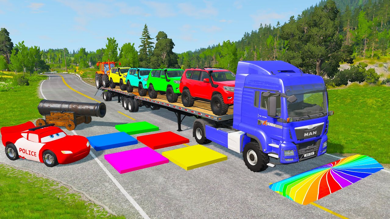 Flatbed Truck McQueen | Transportation with Truck - Pothole vs Car #10 | BeamNG.Drive Gameplay