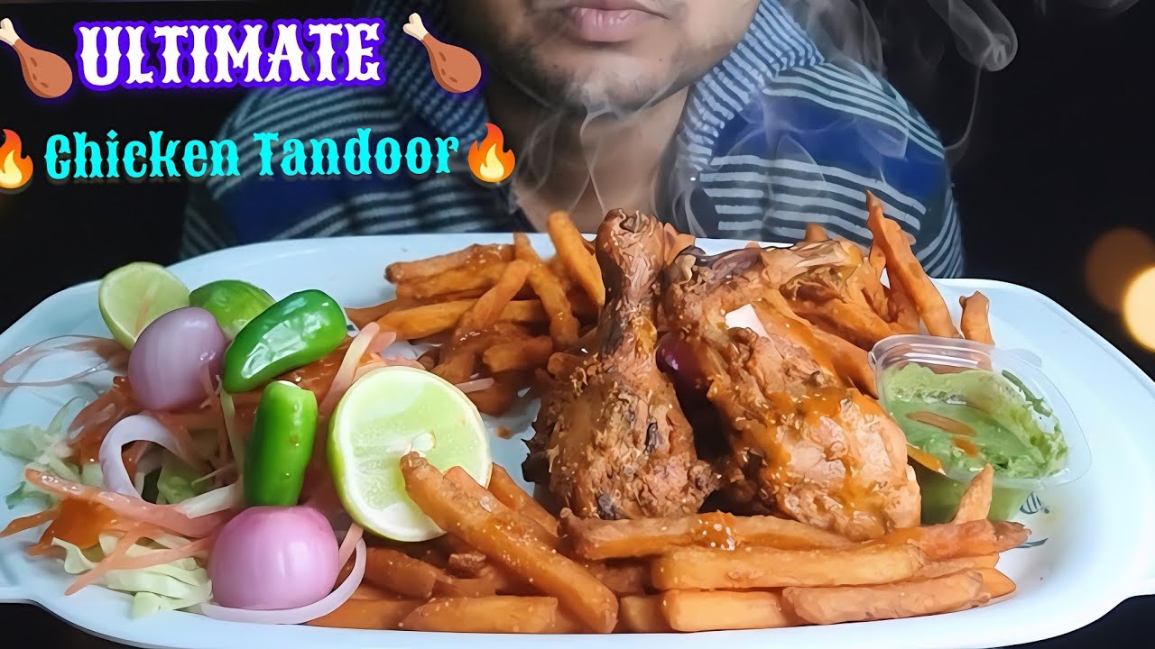 EATING SPICY CHICKEN TANDOORI, CHILLI POTATO,GREEN CHUTNEY & SALAD||