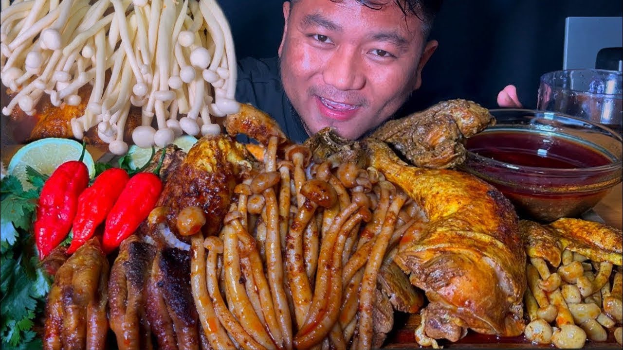 Enoki Mushroom🍄 Chicken & 3 Red King Chillies🌶️😋 Mukbang❤️