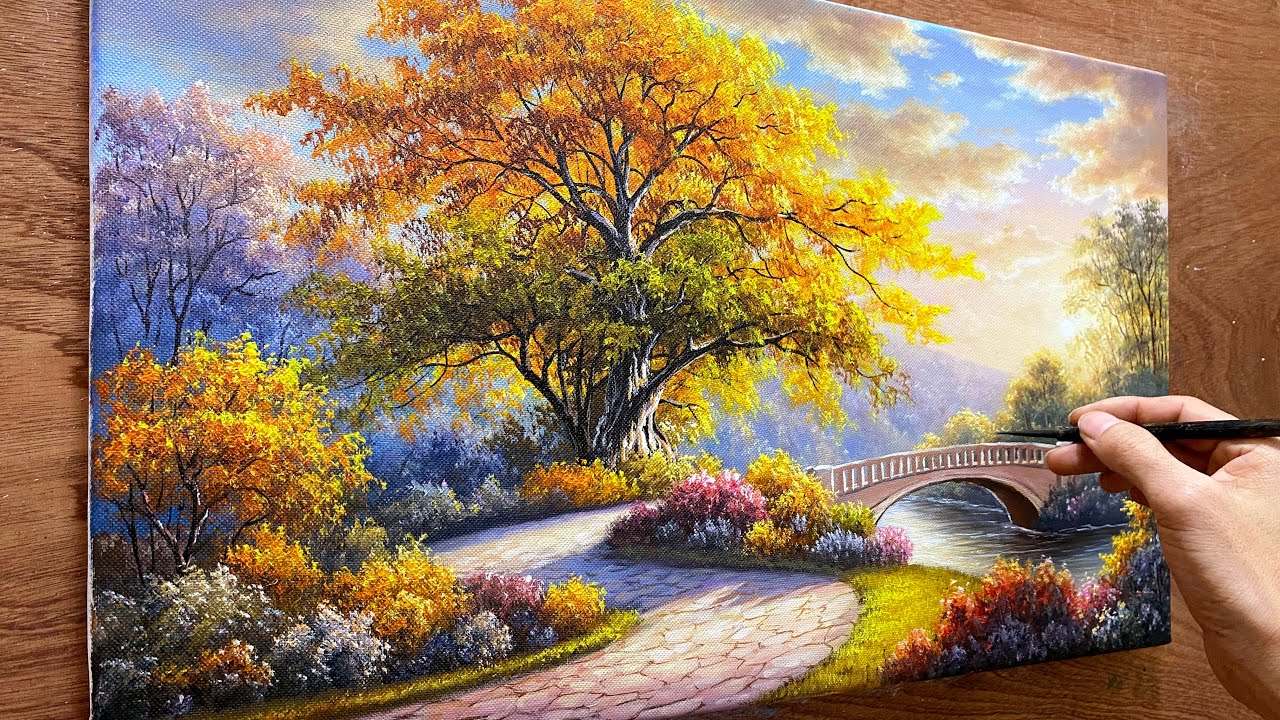 How to draw a landscape with a bridge over a stream / Acrylic landscape painting / Art paintings.