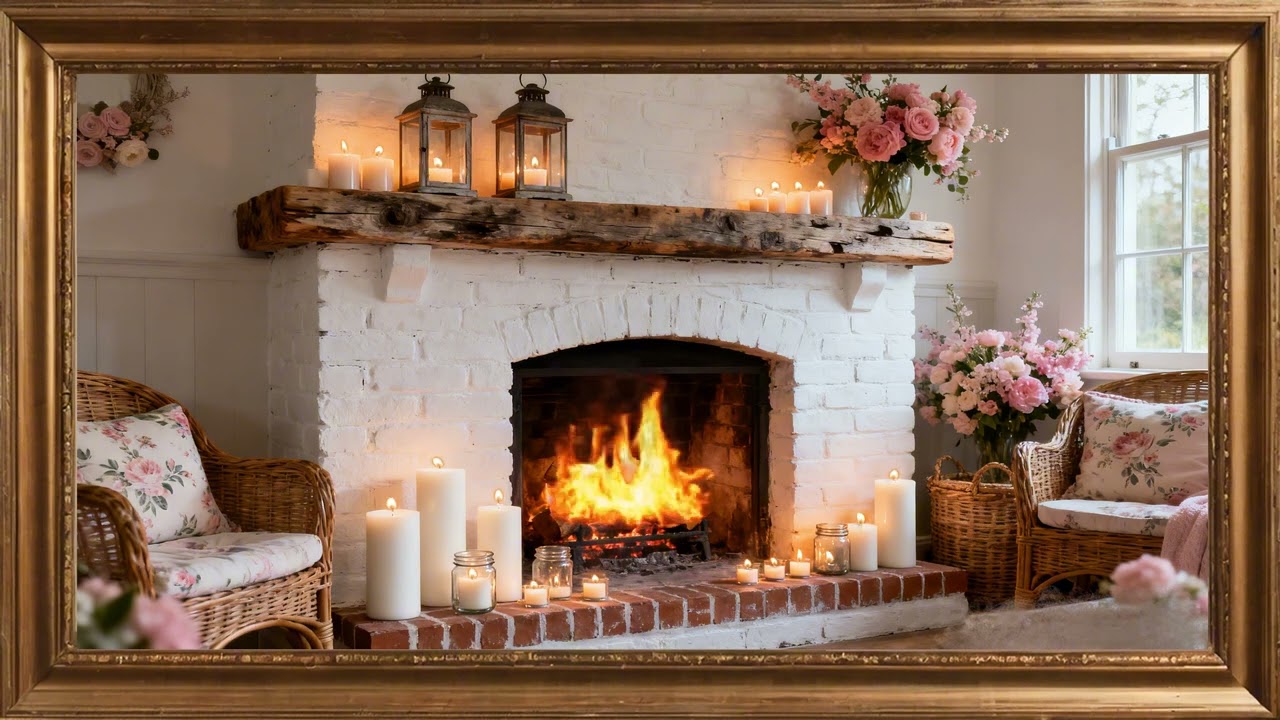 Fireplace with Flowers | Cozy Ambience. Gold framed Vintage art screensaver. 4k TV Painting wall art