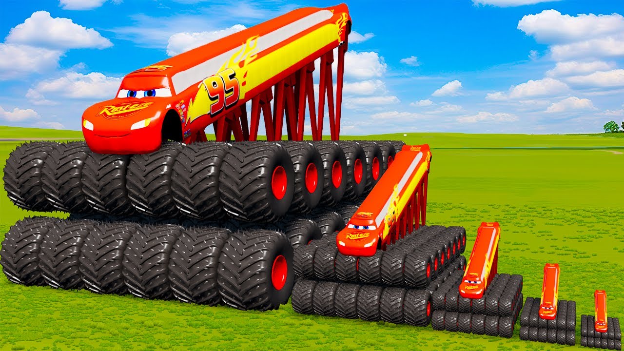 Big & Small Long Lightning Mcqueen With Monster Truck Wheels vs Thomas Trains l BeamNG.Drive
