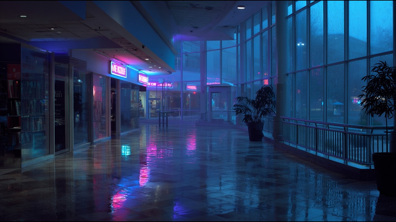 Cyber Rain Forest 🌧 40 MIN Ambient Soundscape | Rainy Night Mall Interior