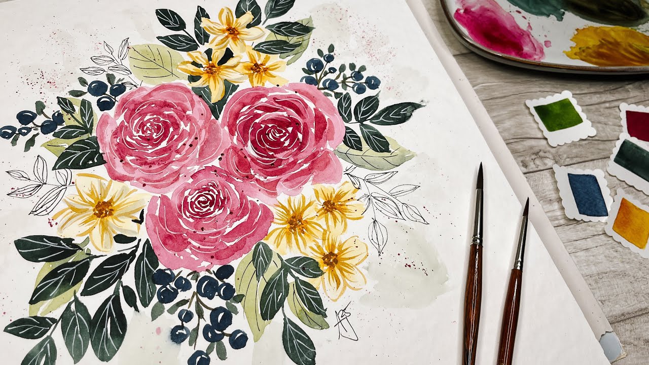 Aquarell malen / Blumenstrauß mit Rosen / Loose Watercolor