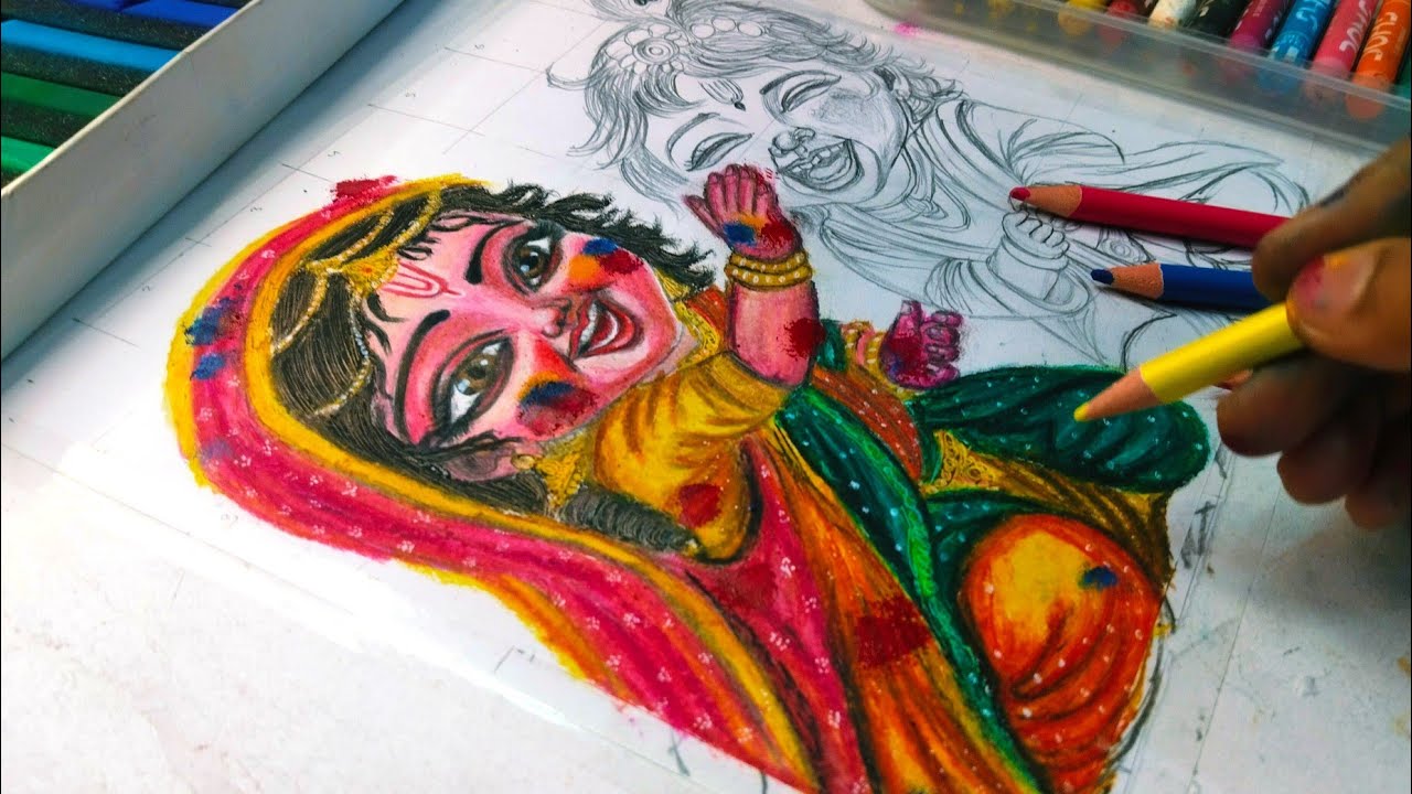 Chhoti Radharani holi khelte huye drawing/cute radha krishn ki drawing/holi special oil Pastels Draw