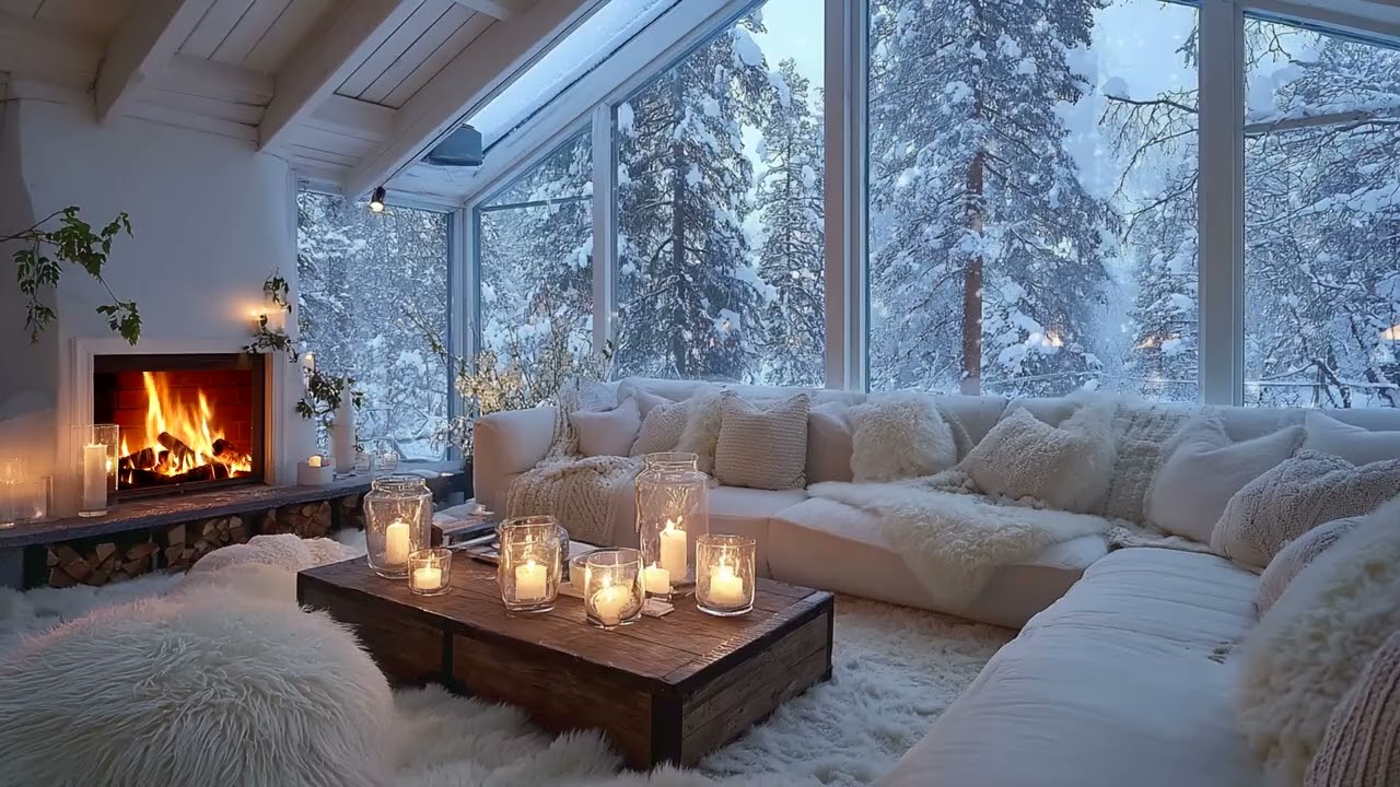 🕊️🎹 White Winter Piano Ambience with Warm Firelight and Soft Flowers for 3 Hours Peace