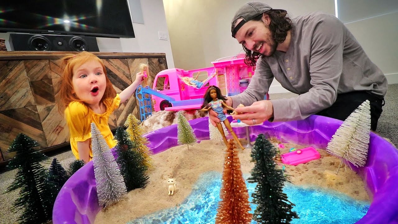 BARBIE BEACH inside our HOUSE!! Dream Camper vacation with swimming pool and Play N Wash Pets!