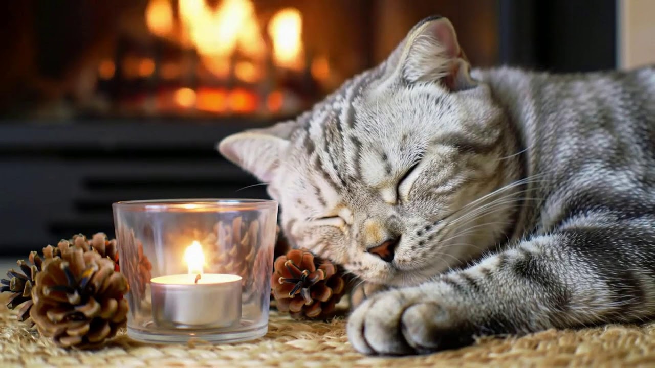 Calming Cat Night Music 432Hz 😻 Fireplace Glow For Relaxation, Healing, And Peaceful Sleep