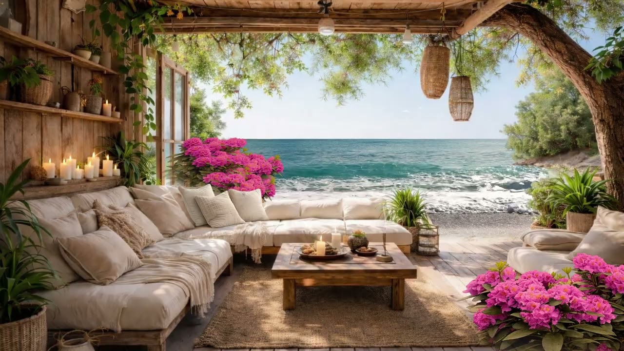 Beachfront Porch Ambiance | Gentle Ocean Waves, Coastal Boho Relaxation for Stress Relief & Calm