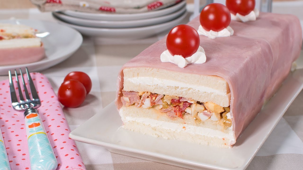 Pastel frío de pan de molde RELLENO de Jamon York y Queso | Tarta Salada Fácil y Rápida