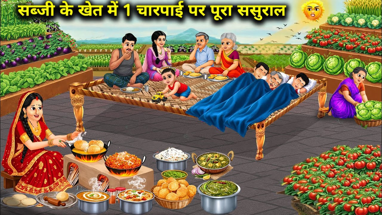 सब्जी के खेत में 1 चारपाई पर पूरा ससुराल | The entire in-laws' family on a single | Cartoon Video