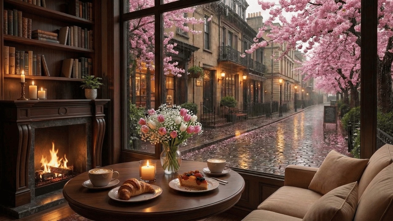 Spring Rain Jazz Caf&eacute; ☕ Gentle Piano & Rainy Ambience for Study & Focus