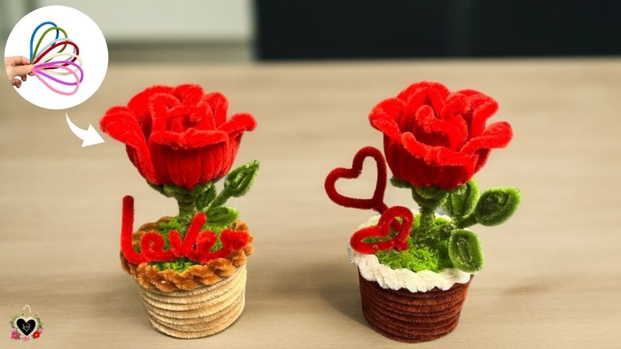 💕Pipe Cleaner Flower💕 Make a gift for Valentine's Day, mini Rose pot with Pipe Cleaner | Fuzzy Wire