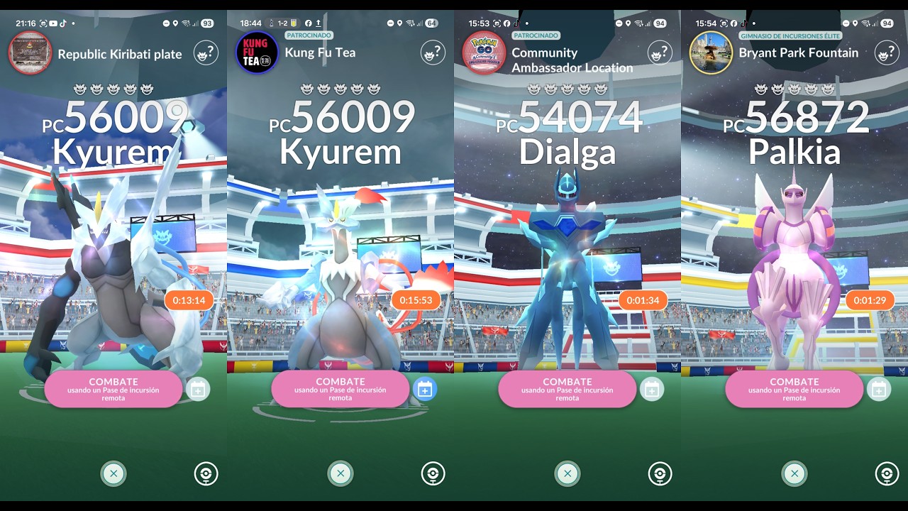 Invitaciones a KYUREM RESHIRAM ZEKROM DIALGA PALKIA Pokemon GO live Remote raid invites