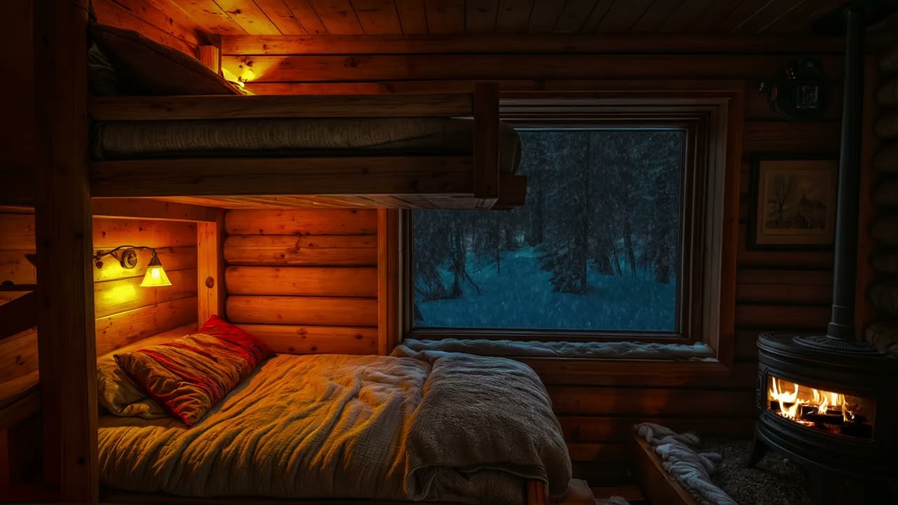 ❄️🏠 Peaceful New Year Cabin Night | Falling Snow, Warm Fireplace & Calm Sleep Ambience