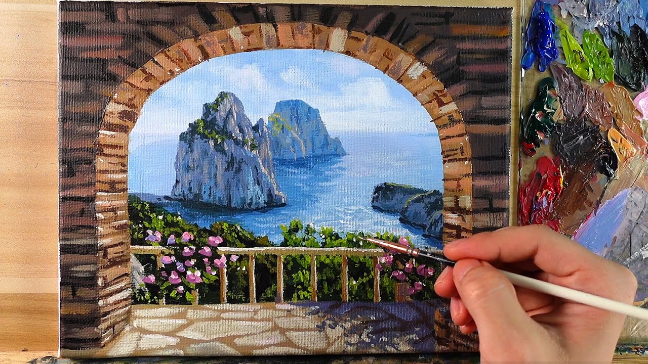 Acrylic Painting Garden View Seascape / Correa Art