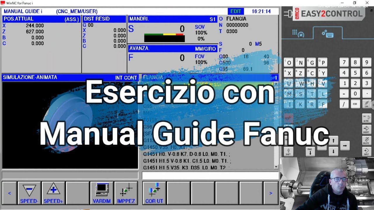 Lavoriamo una flangia con il Manual Guide di Fanuc, tornitura, foratura e maschiatura motorizzata.