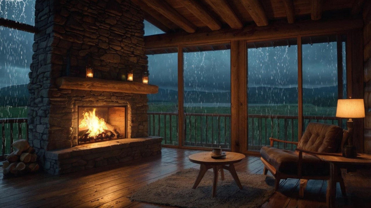 Night Rain Sounds on Wooden Cabin with Fireplace for Study, Focus and Sleep 🎧