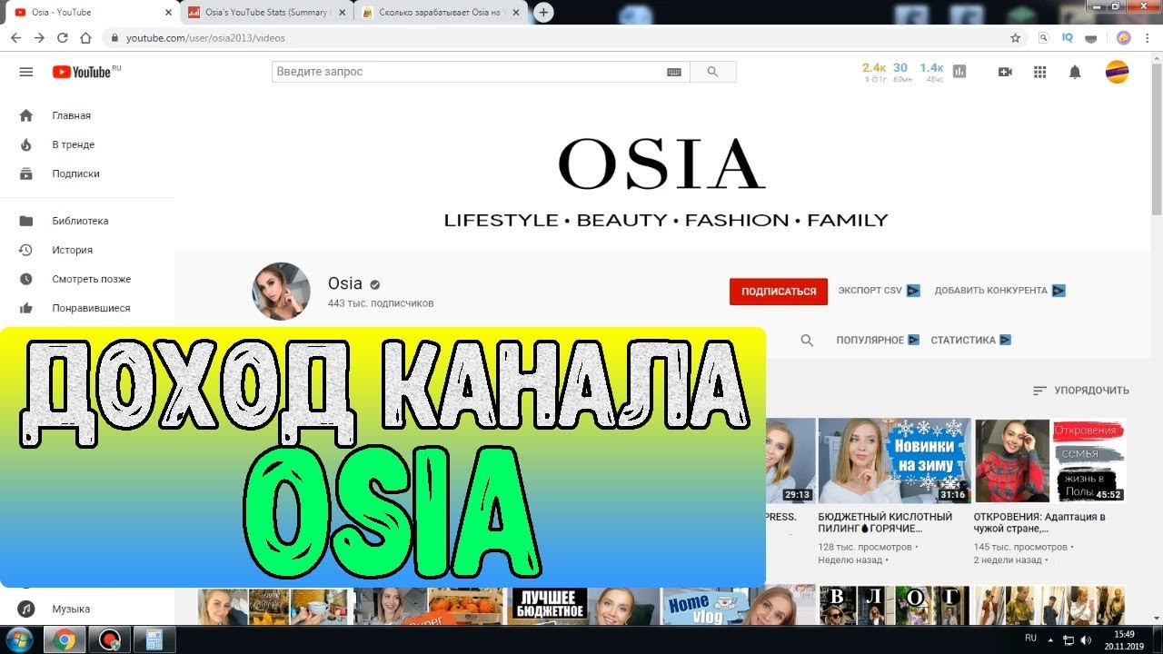 Доход канала OSIA на Youtube