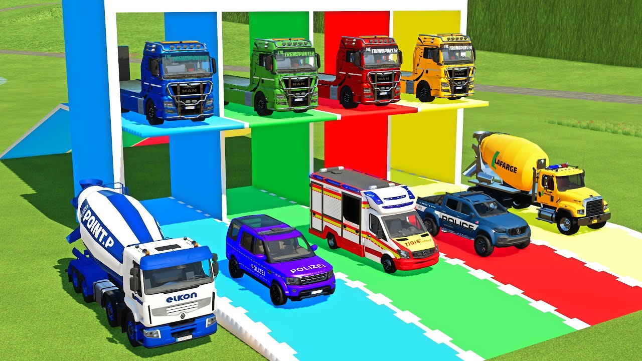 TRANSPORTING EXCAVATOR, MIXER TRUCK, BULLDOZER, POLICE CARS TO GARAGE WITH MAN TRUCK - FS22