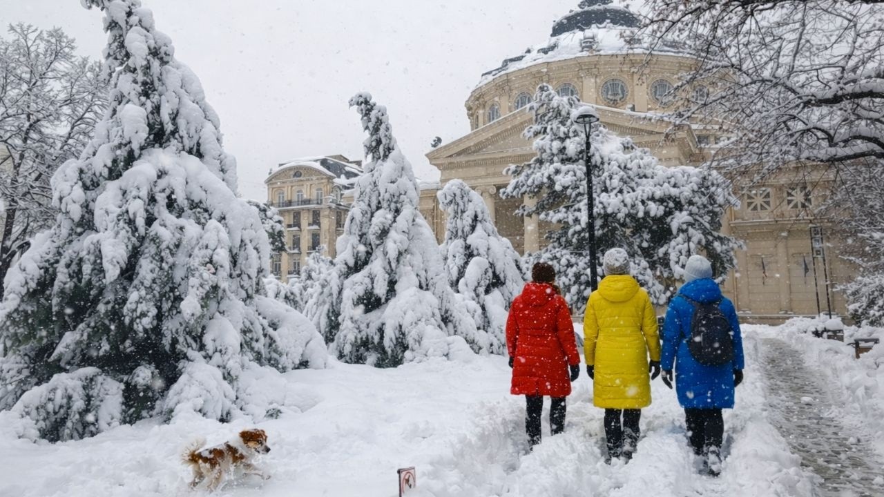 BUCURESTI Cod ROSU de zapada si Ninsoare Ateneul Român BUCHAREST Snow Storm ROMANIA Heavy Snowfall