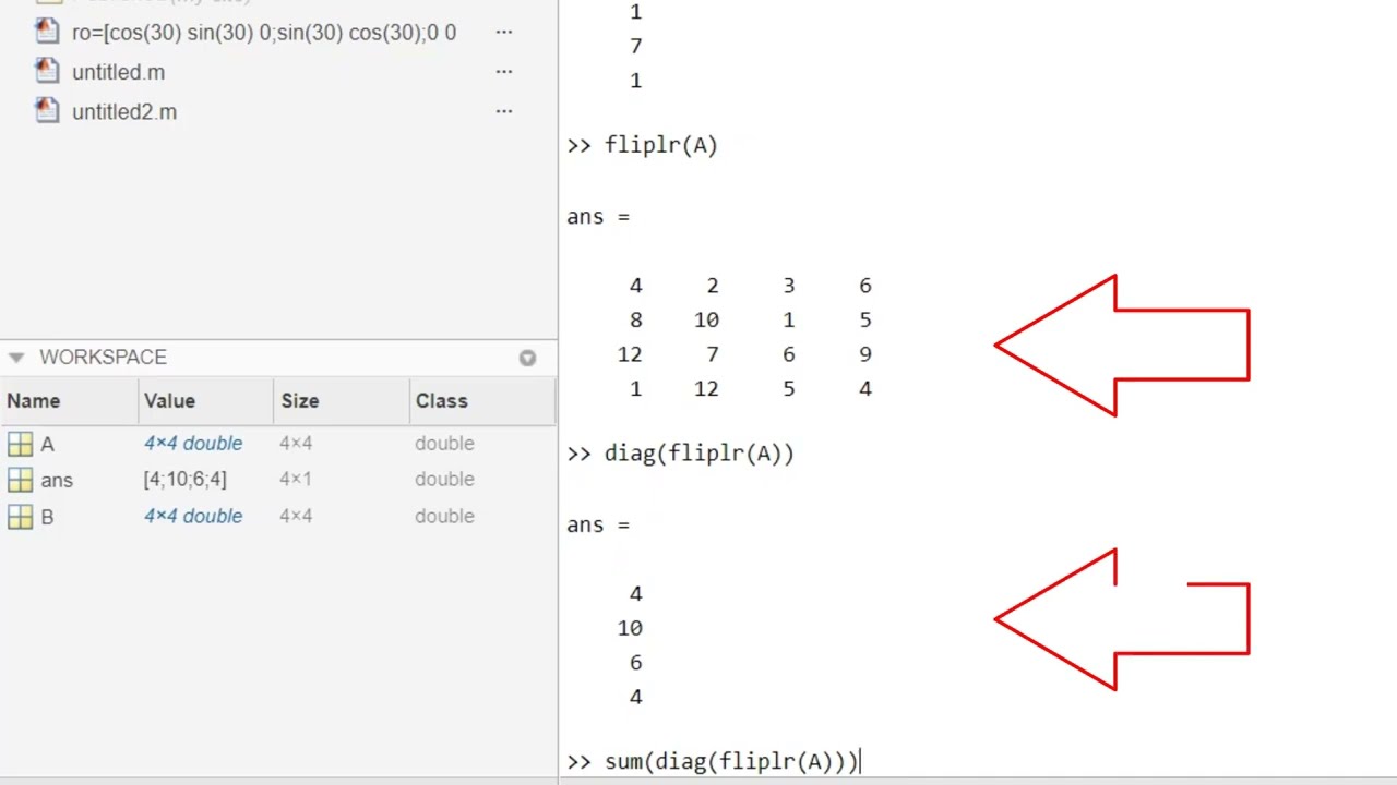 شرح ماتلاب استخدام (sum,diag,fliplr,rem,floor,ceil,fix,round,ones,zeros) (2)