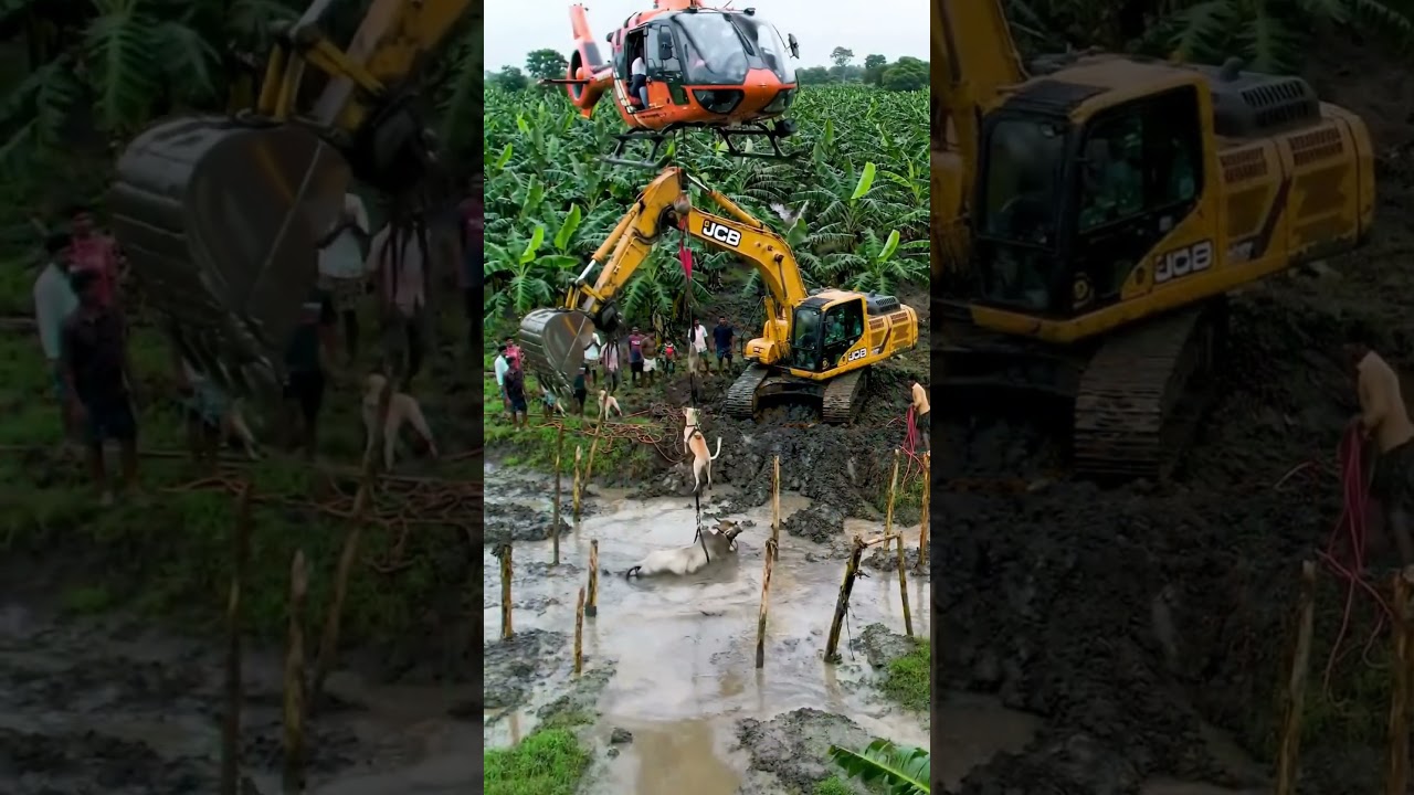 Cow Trapped in Flooded Muddy Banana Field ! helicopter and jcb rescue operation