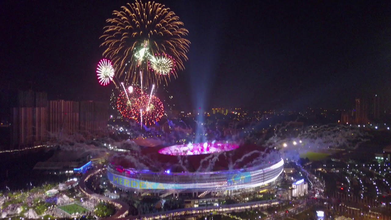 Stunning Fireworks Over Amazing Bukit Jalil Stadium Aerial Drone View HQ