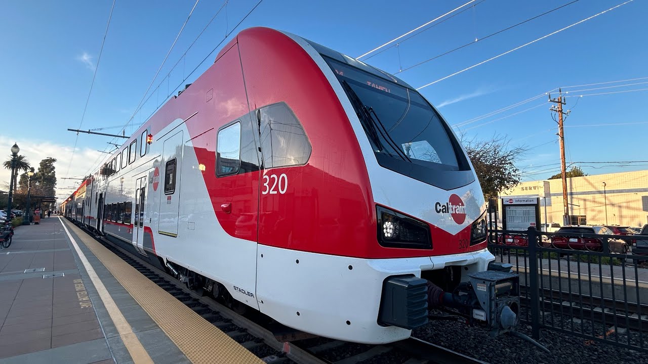 Caltrain action at Burlingame Station with Stadler KISS EMU