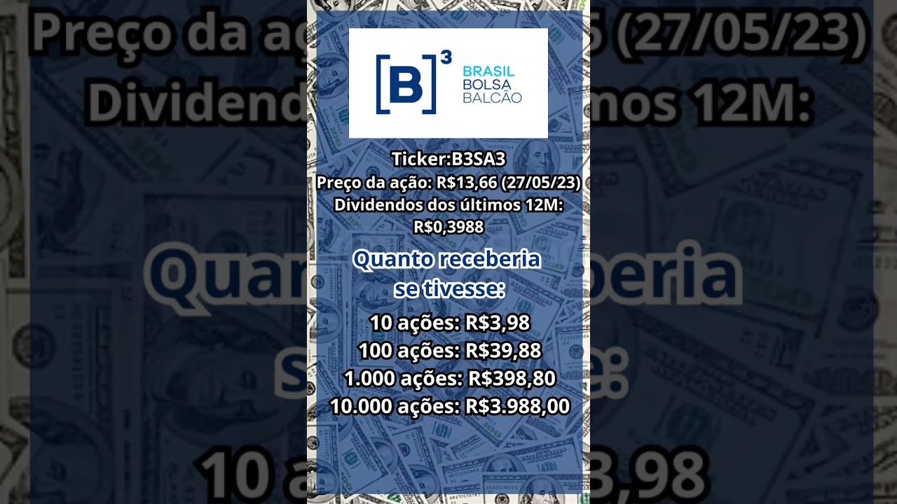 QUANTO RENDE OS DIVIDENDOS NA A&Ccedil;&Atilde;O DA B3 #B3SA3 #Shorts