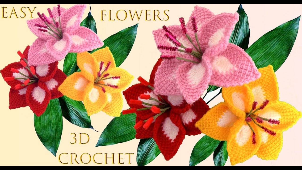 Como hacer flores Lily a Crochet en punto 3D muy fácil tejido tallermanualperu