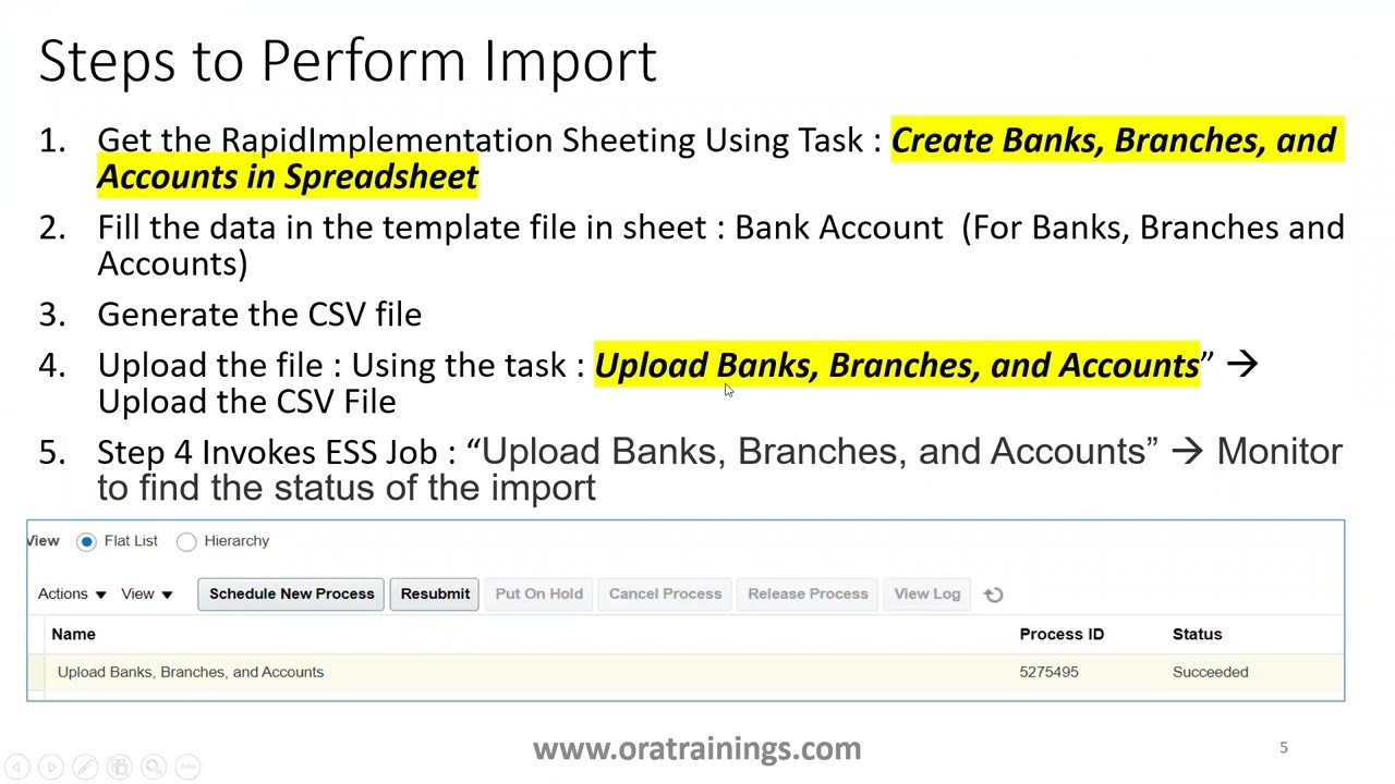 Oracle Fusion Bank, Branches, Bank Accounts - RapidImplementation Sheet Import
