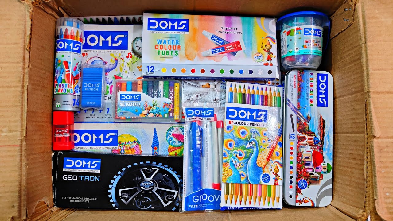 Unboxing Satisfying DOMS Stationery📚, Poster Colour, Wax Crayons, Floating Pen, Erasner, Oil Pastel