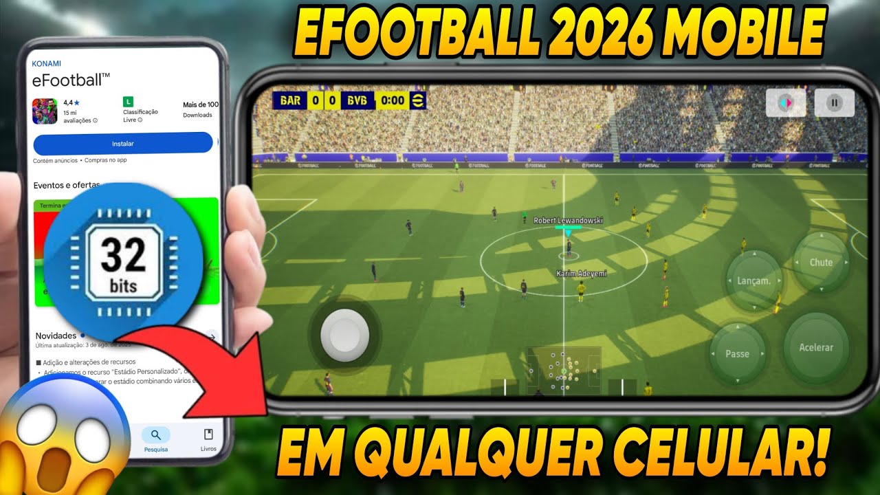 😱SAIU! COMO JOGAR EFOOTBALL 2026 MOBILE EM CELULAR 32 BITS! 