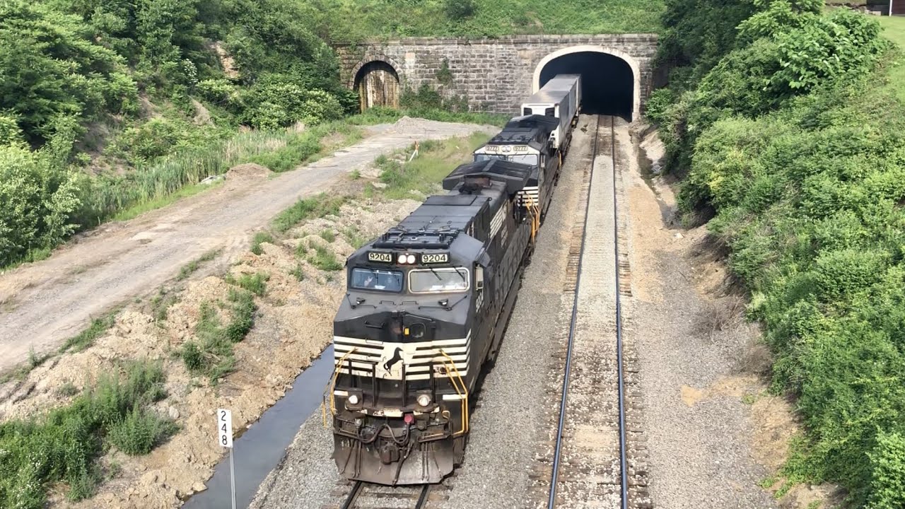 Big Coal Train & Amtrak At Horseshoe Curve & Trains Appear Out Of Tunnel, Pennsylvania Trains On NS!