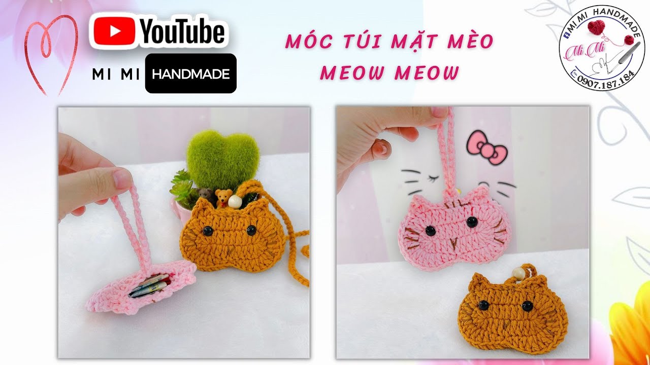 Móc Túi Mặt Mèo Meow Meow Đựng Tiền Lẻ, Treo Túi Xách | Móc Túi Tỏi Con Mèo | Mimi Handmade