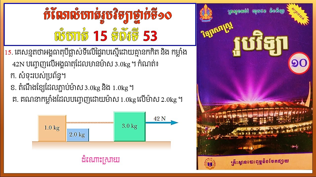 កំណែលំហាត់រូបវិទ្យាថ្នាក់ទី10 លេខ15 ទំព័រ 53 មេរៀនទី២ ច្បាប់ចលនារបស់ញូតុន  Physics grade10