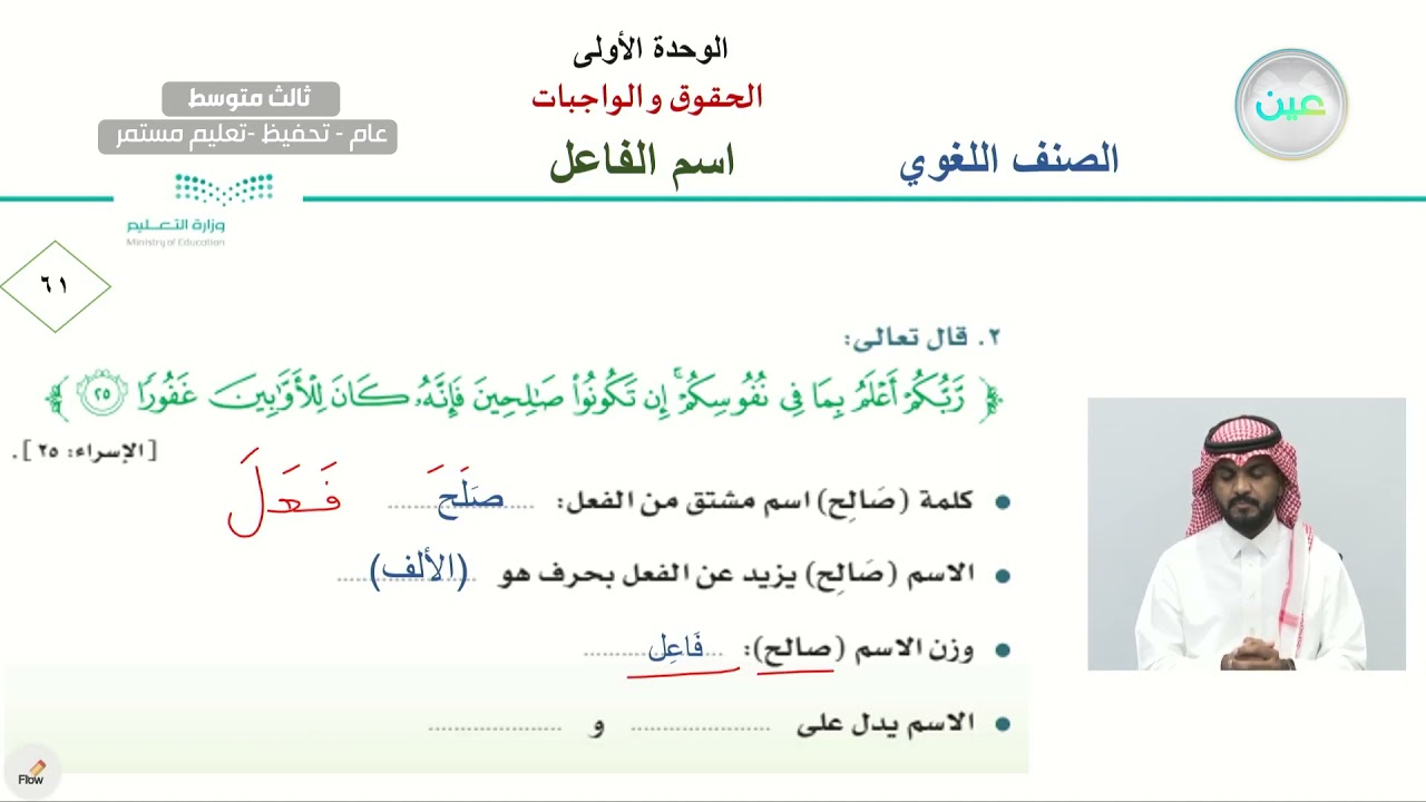 الوحدة الأولى: الصنف اللغوي: اسم الفاعل - اللغة العربية - ثالث متوسط - الفصل الدراسي الأول