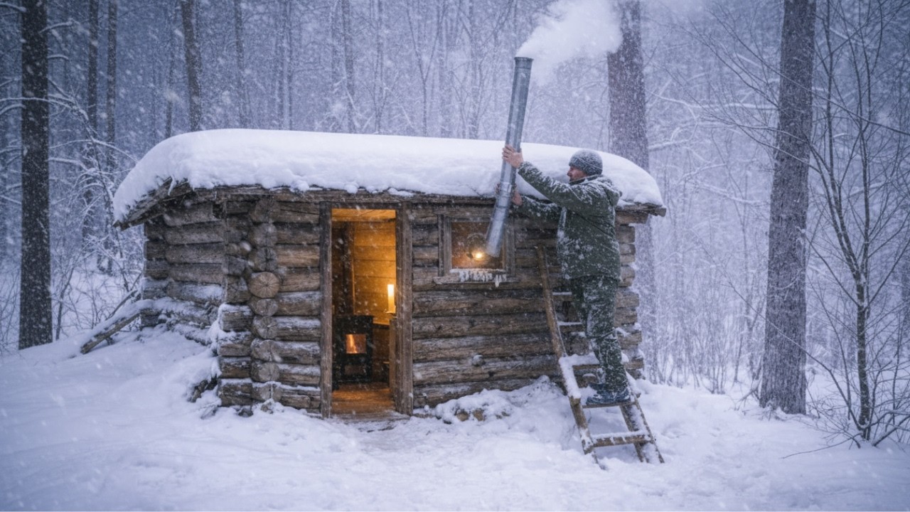 −71°C Night Alone in a Wooden Cabin | A Forgotten Log Cabin Becomes Shelter During a Blizzard