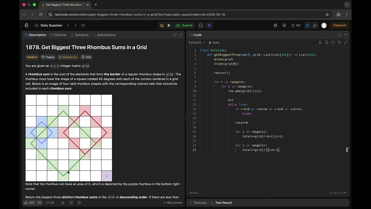 1878. Get Biggest Three Rhombus Sums in a Grid | Leetcode Daily Challenge