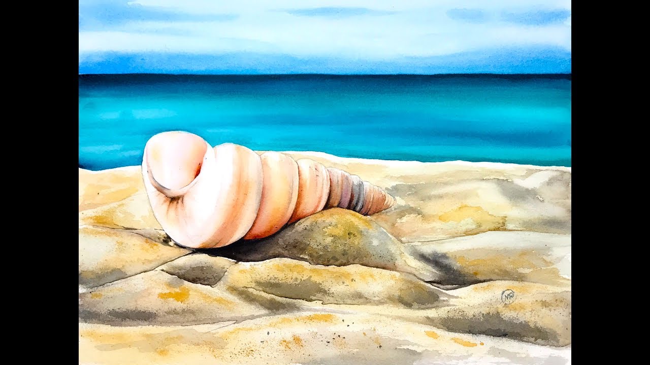 Seashell on a sand Watercolors Painting Demonstration
