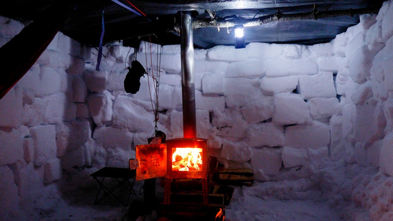Building A Snow Shelter With A Wood Stove | Snowshoe Hike Winter Camping