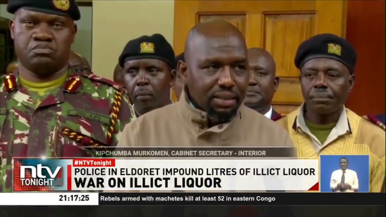 Police impound illicit alcohol from an illegal alcohol distilling and packaging facility in Eldoret